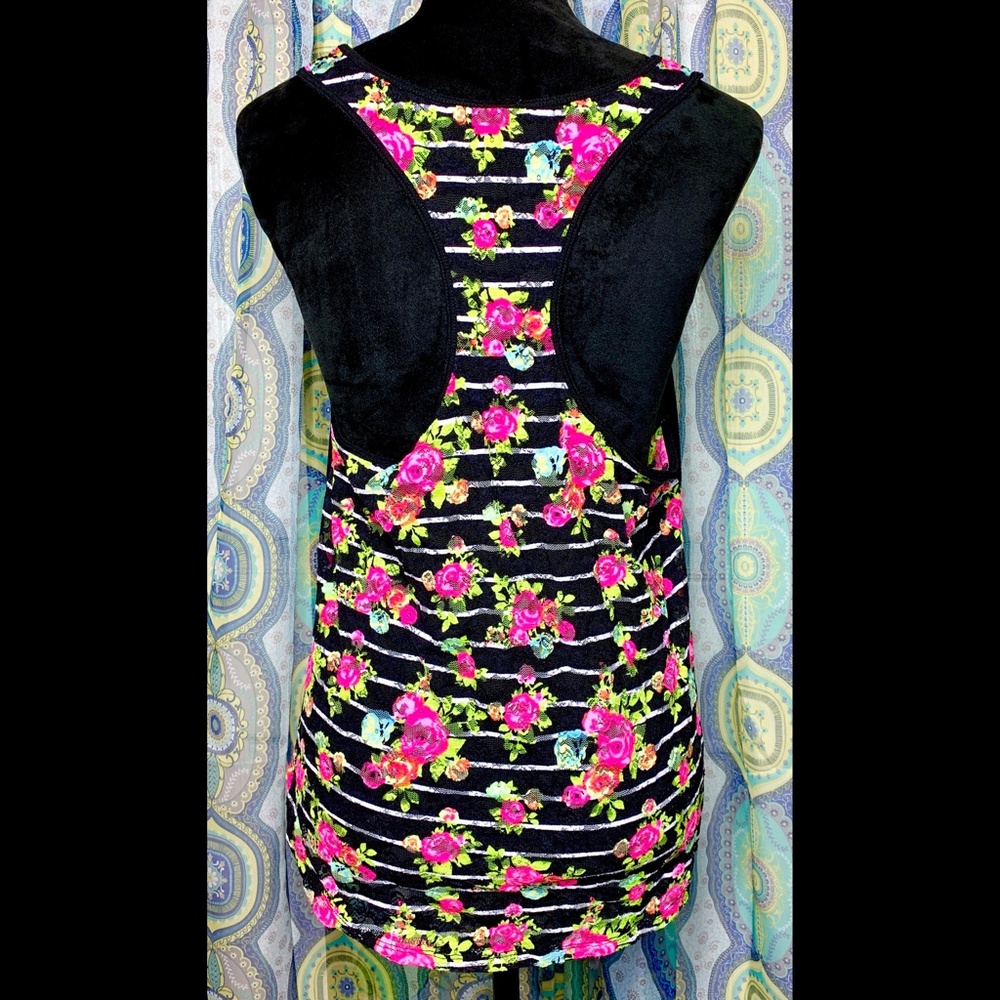 Jenni Black & Pink Floral Racerback Tank Top See-thru Back Women's XL Activewear